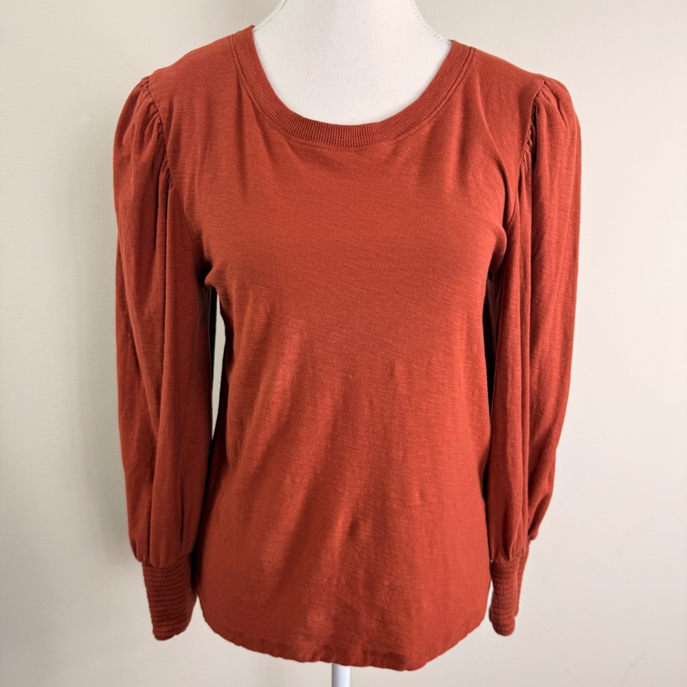 Nation LTD Rust Orange Pima‎ Cotton Puff Sleeve Smocked Cuff Top Medium